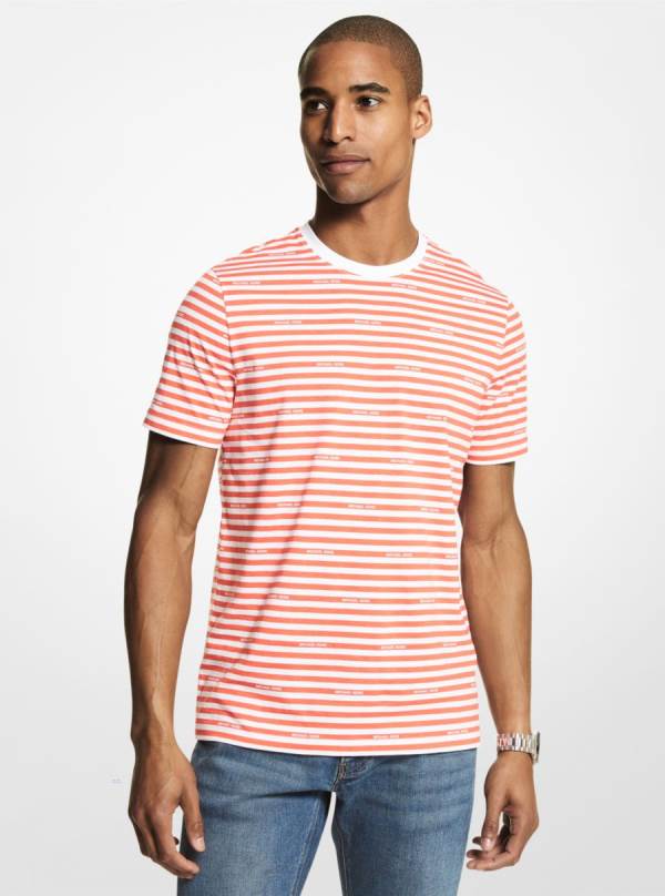 Panske Tricko Michael Kors Logo Striped Cotton Jersey Hnede Ruzove - Oblecenie Michael Kors Nejlevnejsi | PISMW-8619